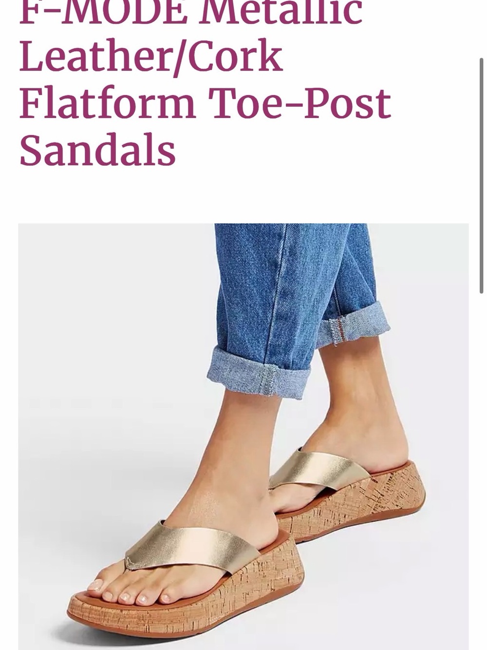 Fitflop gold Metallic Leather Cork Flatform Toe-Post Sandals - size 8